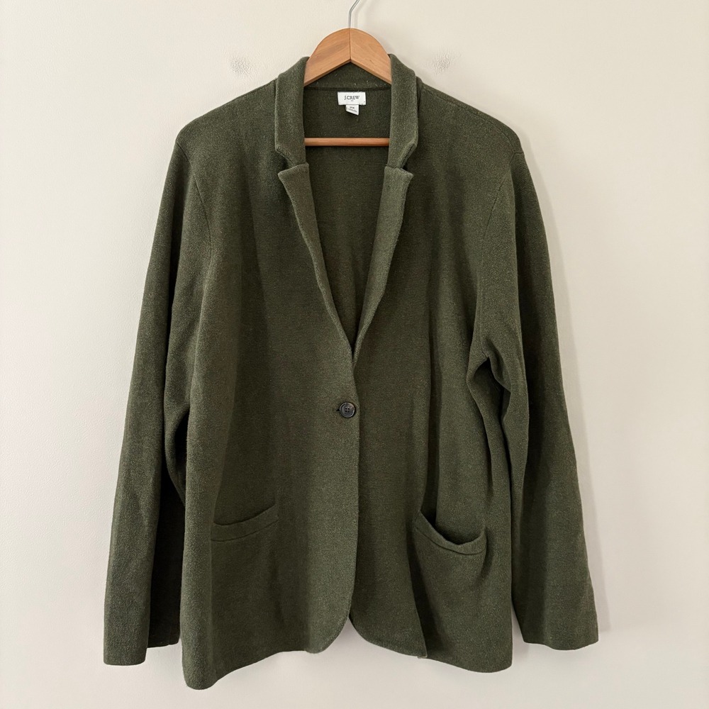 J.Crew Sweater Blazer 2X Green Knit Cotton One Button Notch Lapel Pockets